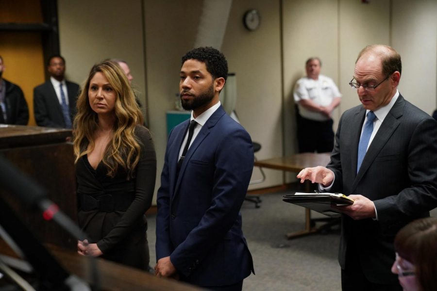 Jussie+Smollett+as+he+faces+the+judge+in+court.+All+charges+against+him+would+later+be+dropped.+