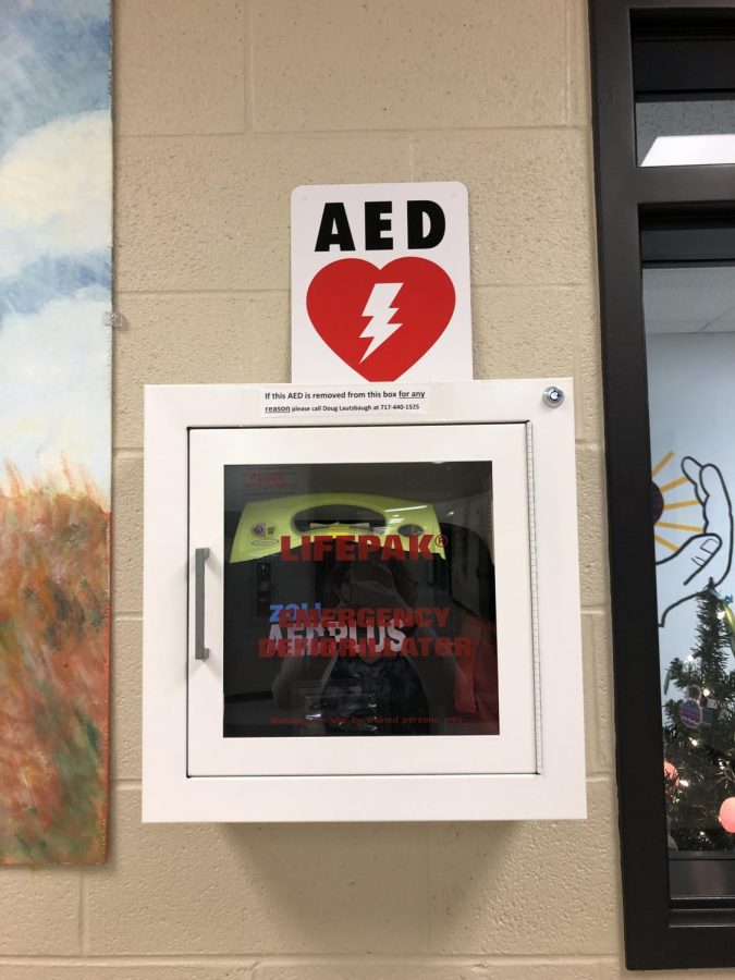 AED station outside of the nurses office. 