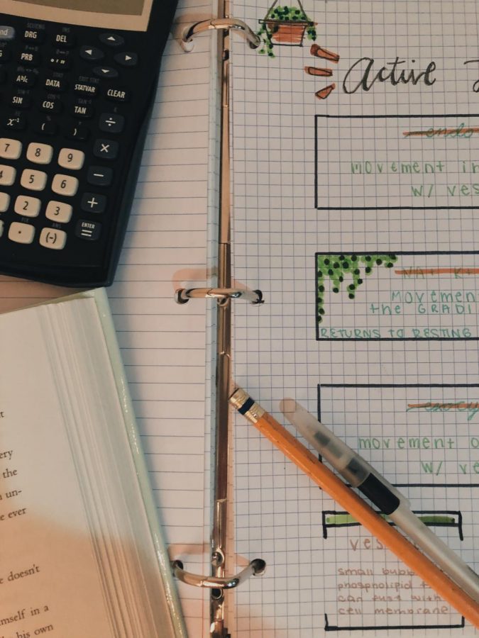 Students are studying notes while reading a book for a different class. Homework is being assigned in many different classes at the same time.)