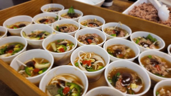 The Bulldog Cafe sets samples of their pho soup out for the students to try. The dish is a classic Vietnamese meal.
