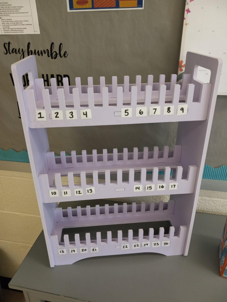 The phone bin is used to hold students' phones during class so that they cannot use them. Kelsey Hernjak got the idea from @thedaringenglishteacher on instagram