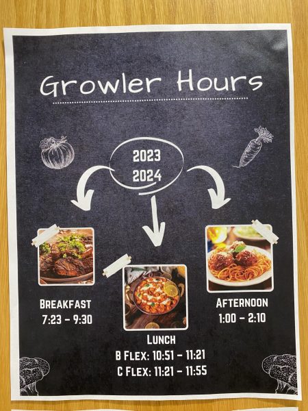 Teacher Angela Schneider hangs Growler hours outside of classroom door. Teachers all across the school have made the hours noticeable for students.