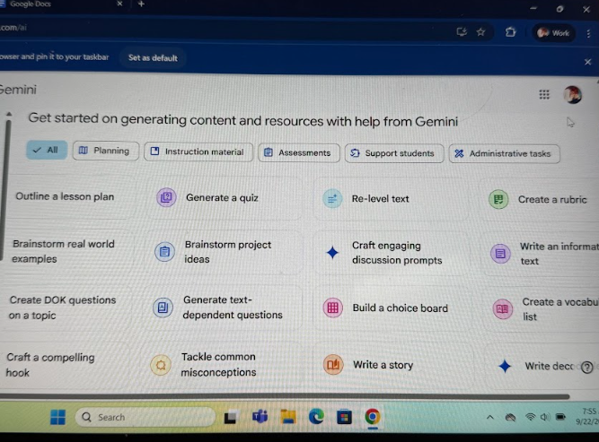AI Gemini enabled on a student computer, showing all the features it has to offer. These features can be useful, but can also be used for cheating.

