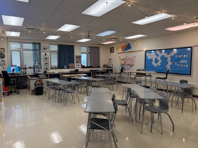 A classroom sits empty on what would be a day "off" on a four day workweek.
